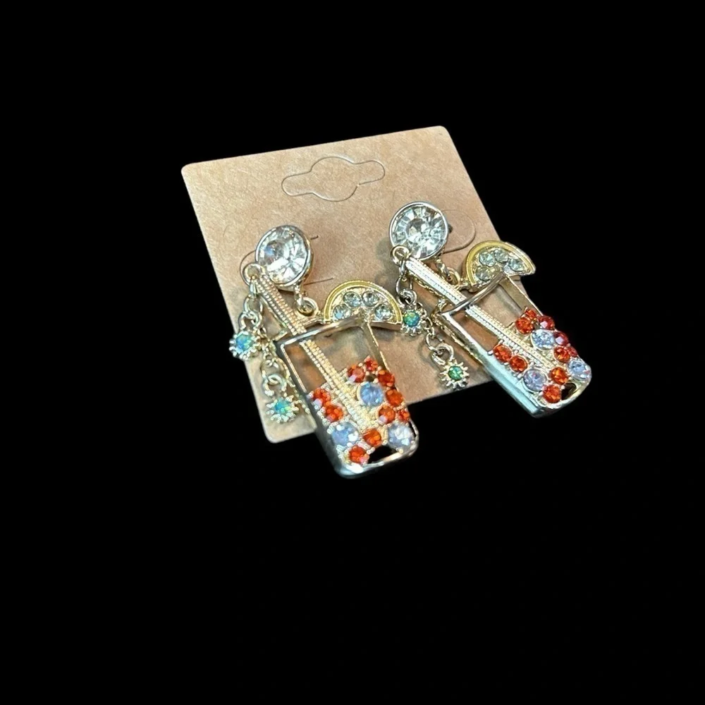 Tropical Drink Rhinestone Dangle Earrings NWOT